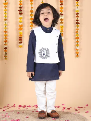 Polka Tots Full sleeves Lion Embroidery Koti Kurta Pyjama - Navy Blue