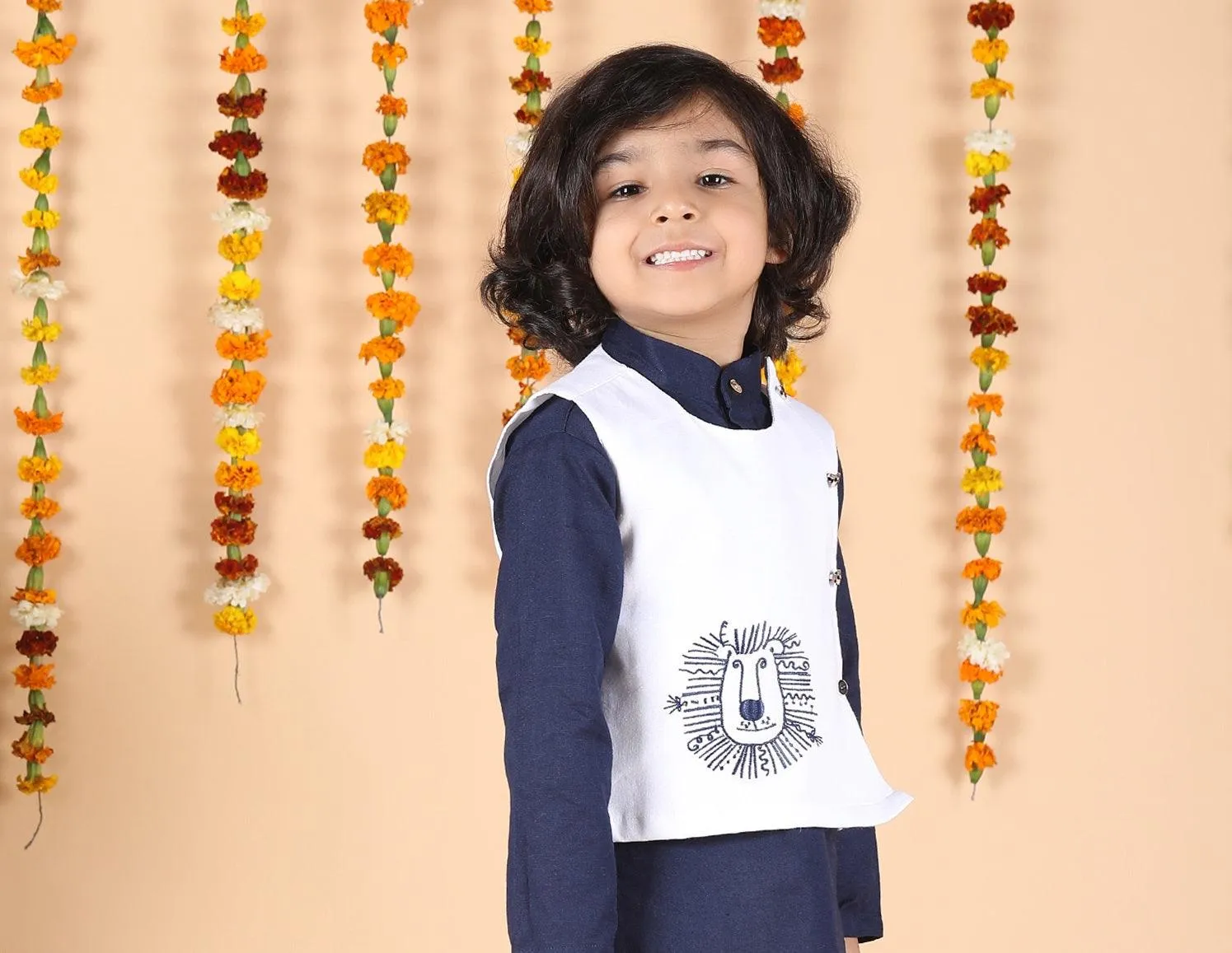 Polka Tots Full sleeves Lion Embroidery Koti Kurta Pyjama - Navy Blue