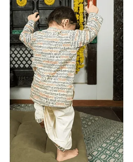 Polka Tots Full Sleeves Sanskrit Writing Print Kurta with Dhoti Set - Cream