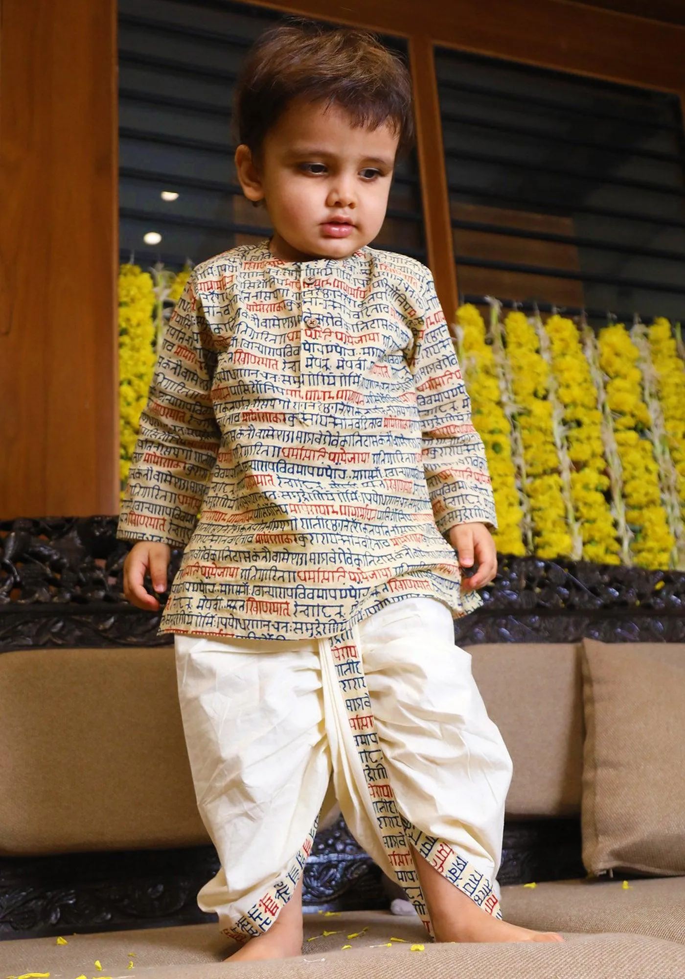 Polka Tots Full Sleeves Sanskrit Writing Print Kurta with Dhoti Set - Cream