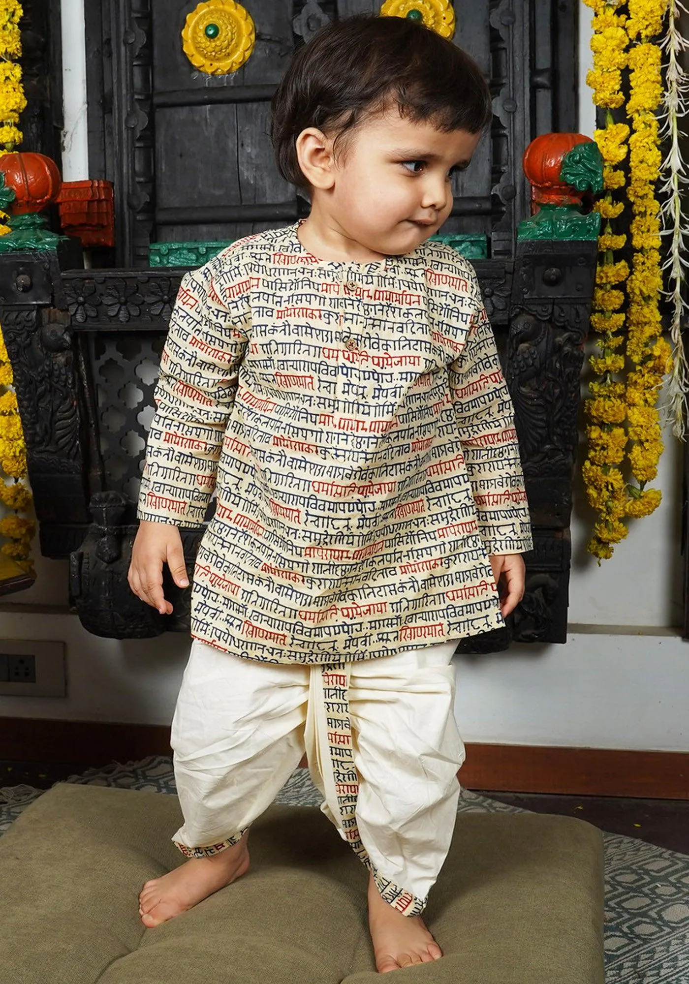 Polka Tots Full Sleeves Sanskrit Writing Print Kurta with Dhoti Set - Cream