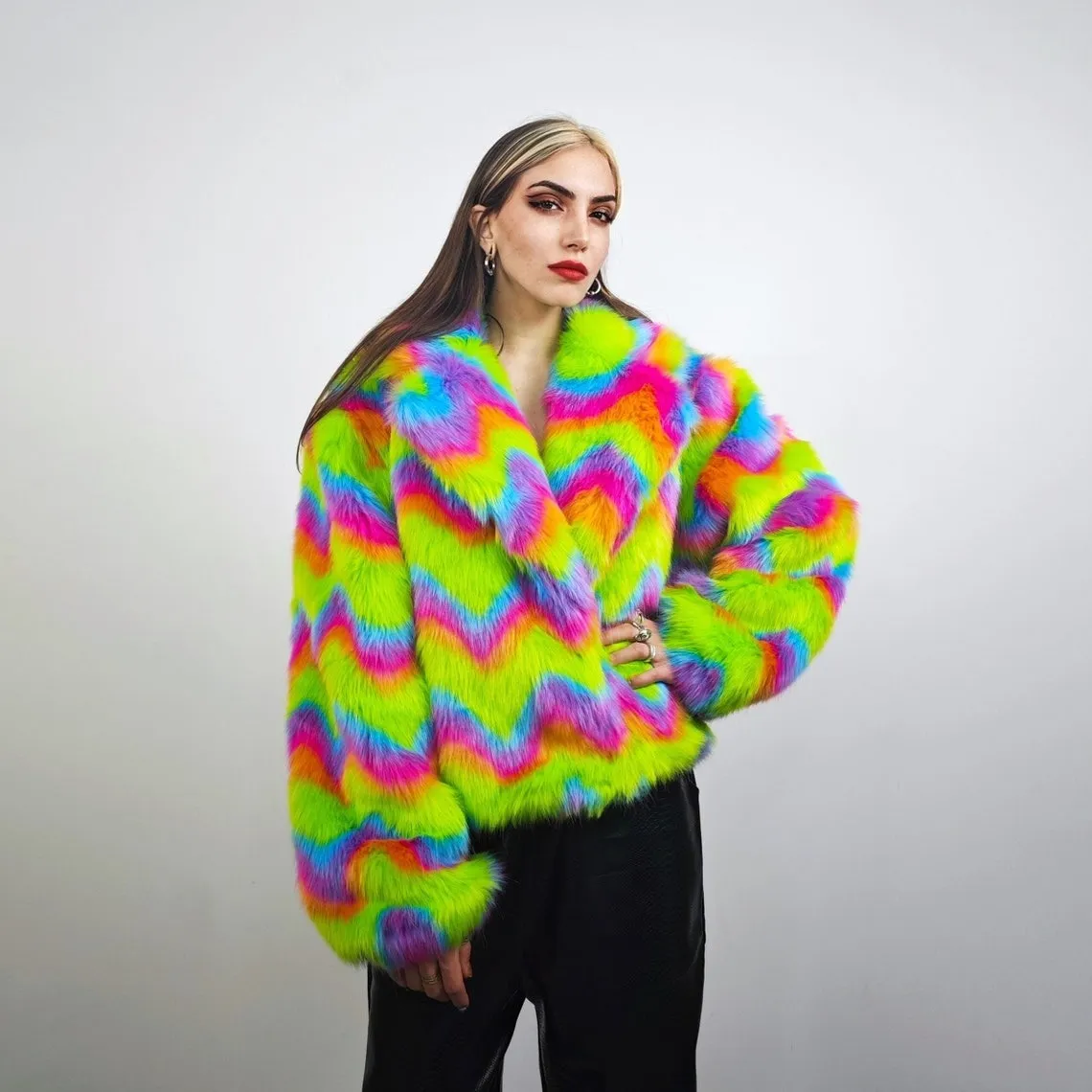 Rainbow faux fur coat crop striped trench festival zigzag jacket furry overcoat carnival bomber party peacoat psycho wide rave fleece Green