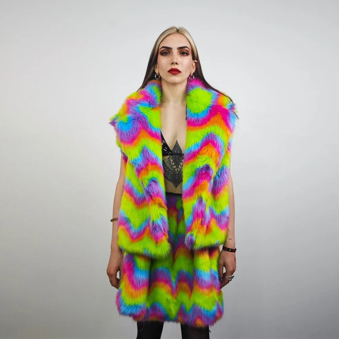 Rainbow faux fur coat crop striped trench festival zigzag jacket furry overcoat carnival bomber party peacoat psycho wide rave fleece Green