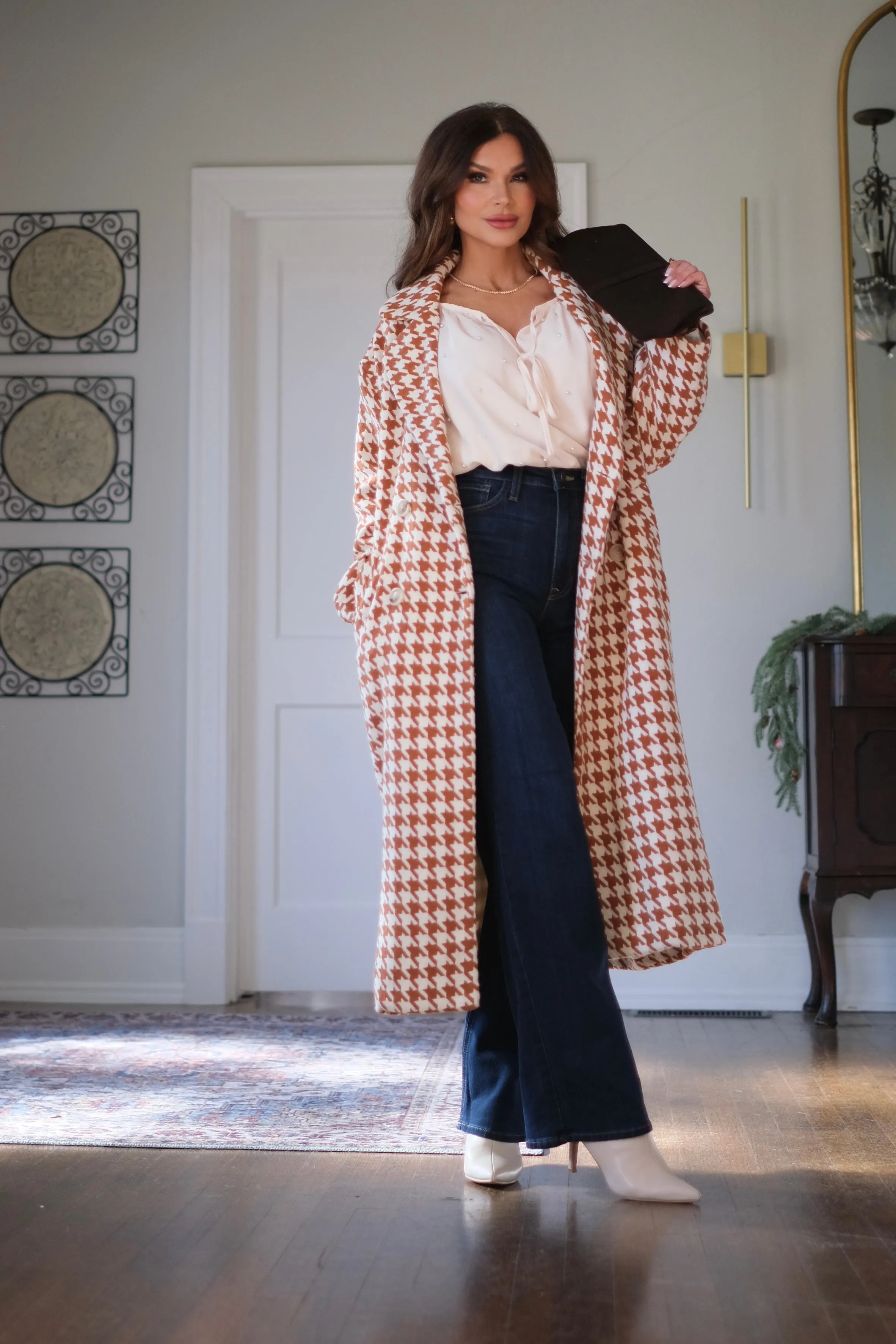 Rakin Rust and Ivory Houndstooth Long Coat