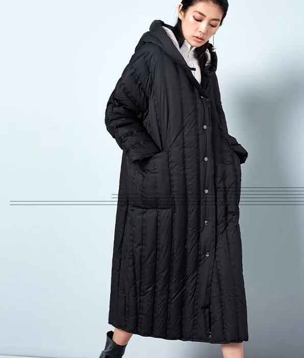 Slit Long Hooded Women Winter Loose Thick 90% Duck Down Jackets WarmDown Coat