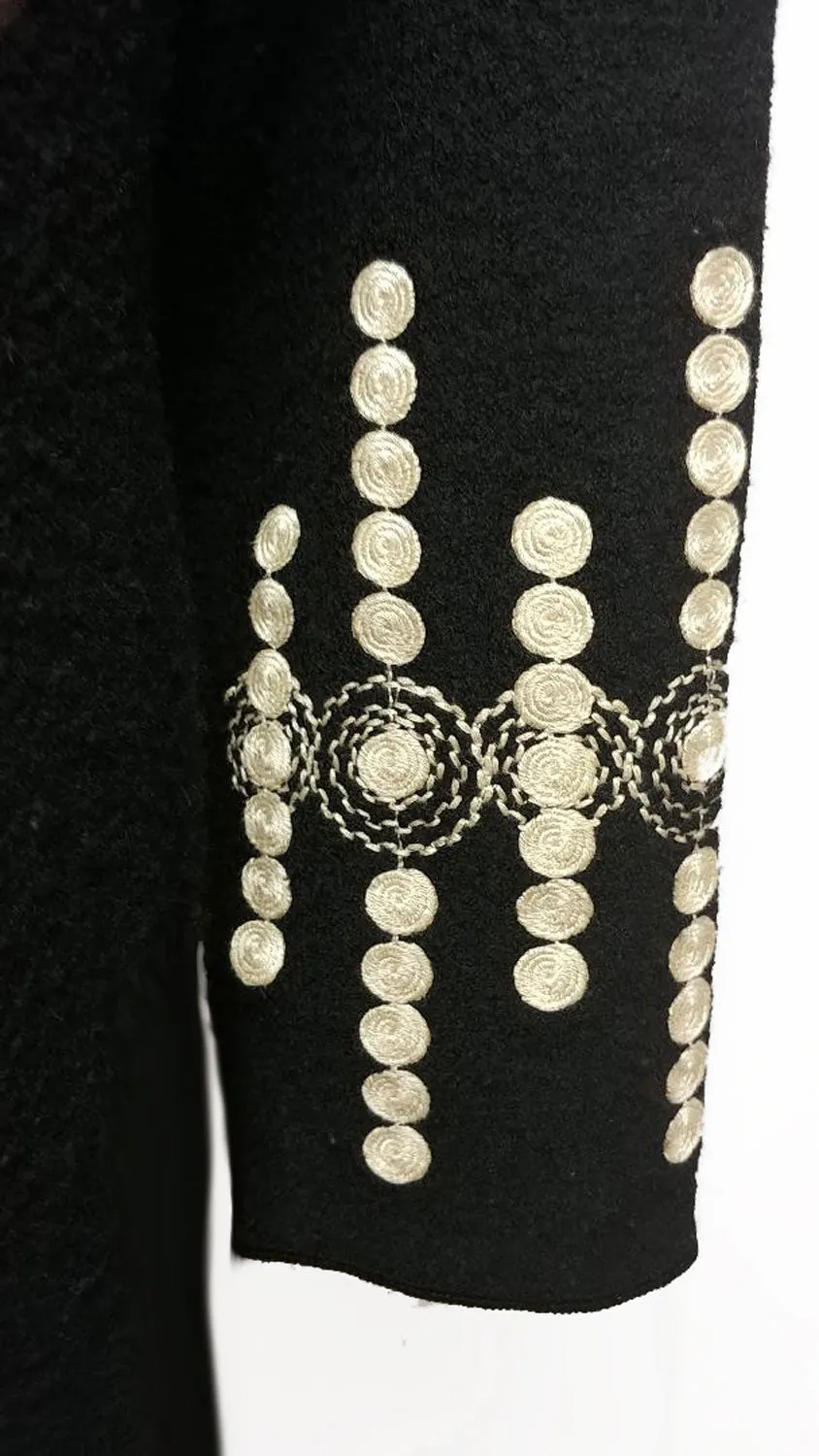 SOLD - GORGEOUS SOPHISTICATED NEIMAN MARCUS EXCLUSIVE WOOL COAT ADORNED WITH CREAM WOVEN ACCENTS