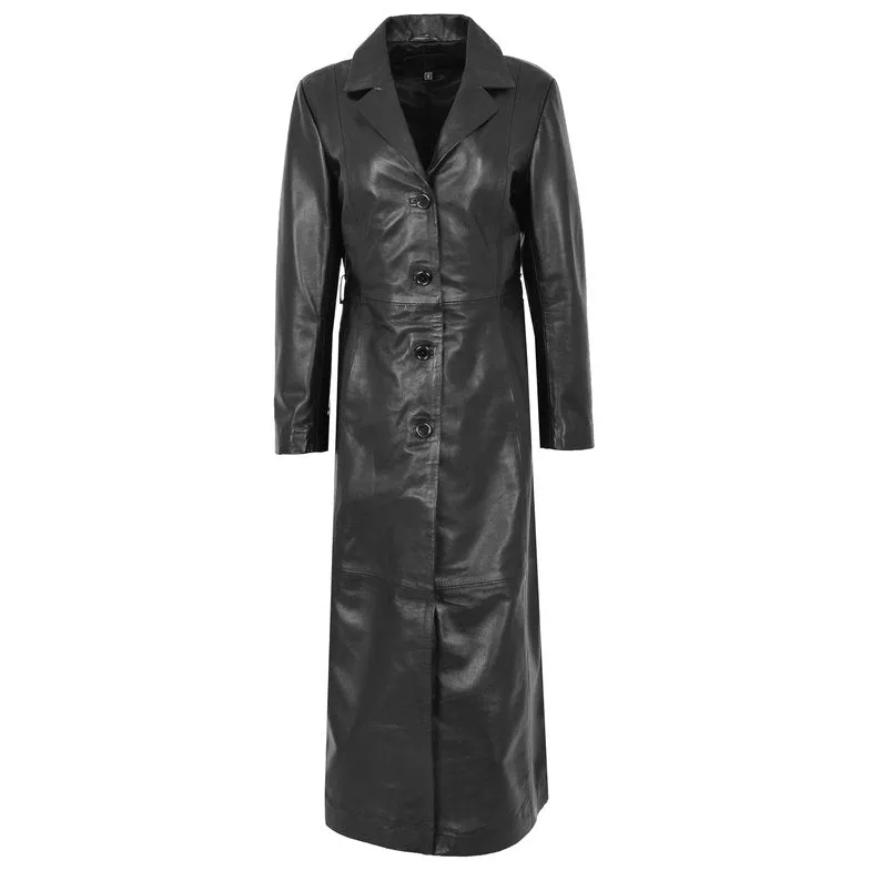 Victorian Four Button Full Length Fashion Coat Leather Black Long Jacket Womens