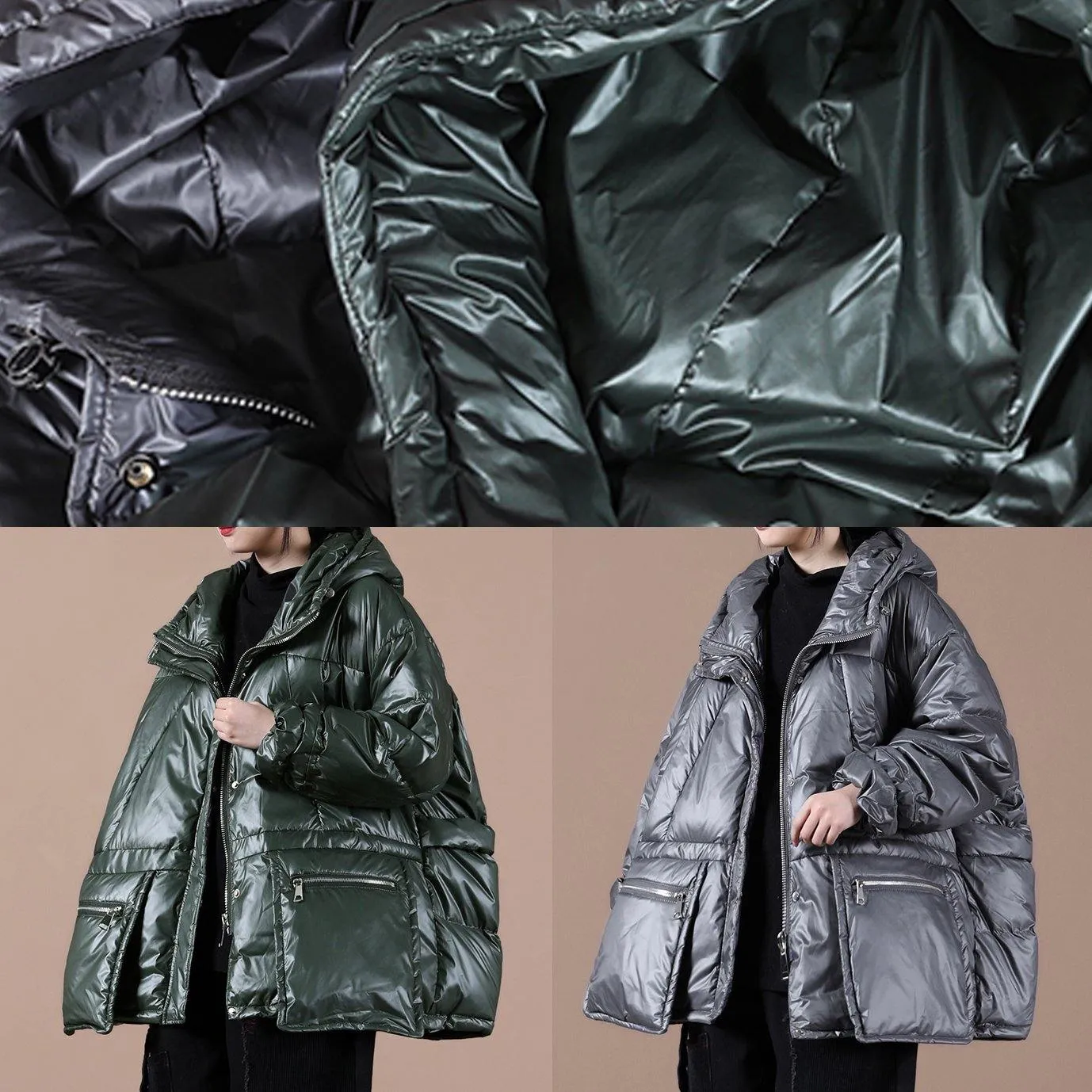 women oversize winter jacket coats blackish green hooded zippered down coat